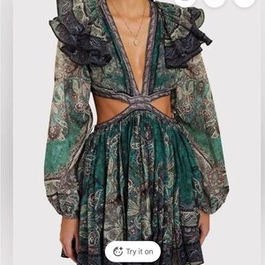 Zimmermann Green and Black Paisley Long Sleeve Dress